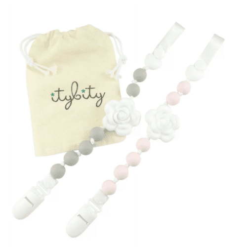Pacifier Clip Girl, BPA Free Silicone Teether, Set of 2 (Petal Pink/Soft Gray/White)