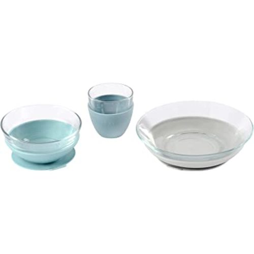 BEABA 3-Piece Suction Glass Set, Glass Bowl and Plate Set - Baby + Toddler Dinnerware Set for Baby Food, Baby Plate, Baby Bowl, Baby Cup, 2.5x Stronger than Reg Glass, (Rain)
