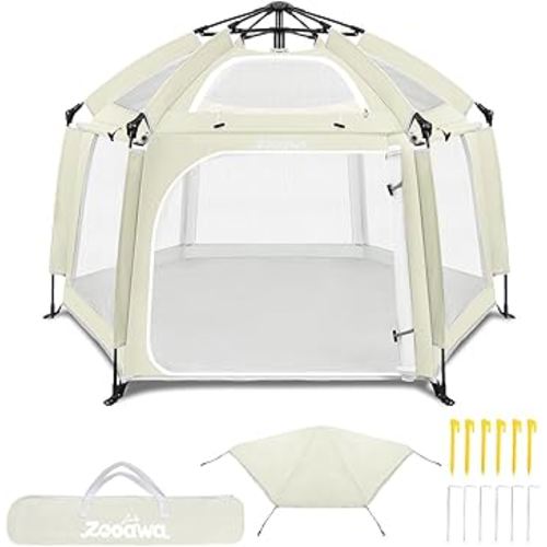 Zooawa Pop Up Playpen for Baby, Portable Playpen for Babies and Toddlers with Removable Sun-Shades& 2 Side UV Covers, Lightweight Outdoor Baby Play-Pen for Beach Home with Travel Bag, Beige