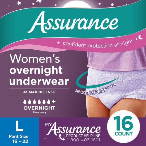Assurance Women's Incontinence & Postpartum Underwear, Large, Overnight (16 Count)