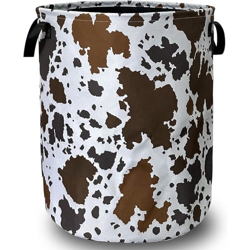 Cows Skin Brown Print Laundry Basket Foldable With Handles Tote Bag Oxford Cloth Animal Funny Laundry Hamper Clothes Storage Bucket Toy Organizer 18.9" x16.5" For Bathroom/Laundry/Bedroom