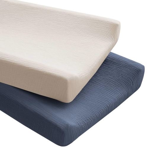 Konssy 2 Pack Muslin Changing Pad Covers for Boys, Ultra Soft & Breathable Cotton Baby Diaper Changing Table Covers, Neutral Nursery Diaper Changing Pad Sheets(Navy, Cream)