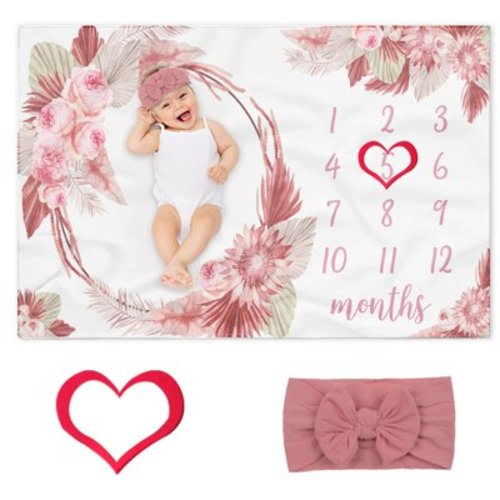 Baby Monthly Milestone Blanket Girl, Flower Baby Monthly Milestone Blanket for Girl, Newborn Month Milestone Blanket with Growth Chart for Newborn Picture New Mom Set Baby Girl Nursery Decor(30"x40")