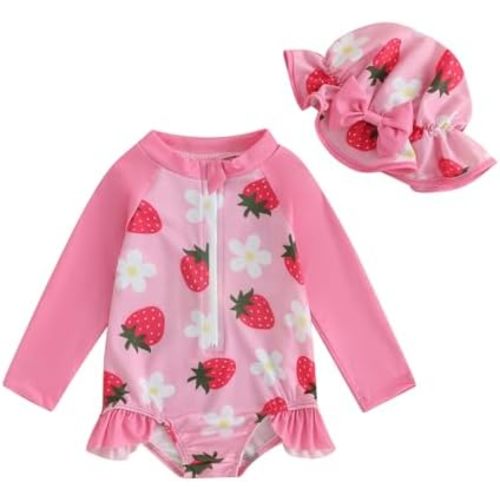 Newbgclo Infant Toddler Baby Girl One-Piece Swimsuit Floral Print Zipper Bathing Suit Ruffled Long Sleeve Rash Guard Swimwear