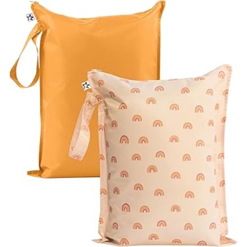 Tiny Twinkle Mess-Proof Waterproof Wet Dry Bag | 2-Pack Reusable Wet Bags for Swimsuits & Baby Clothes | Leakproof Wet Bag for Travel & Diaper Changes for Baby (Boho Rainbow)
