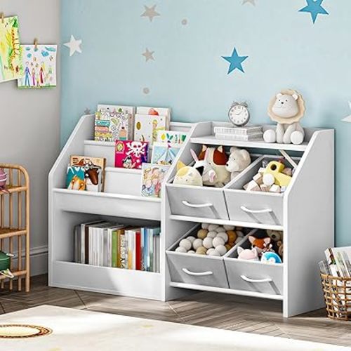 Kids Bookshelf with 3-Tier Oxford Fabric Slings and 4 Fabric Drawers, Toy Storage Organizer, Children's Bookcase, Toddler Bookshelf, for Kids' Room, Nursery, Bedroom, Playroom, White MCW19WB