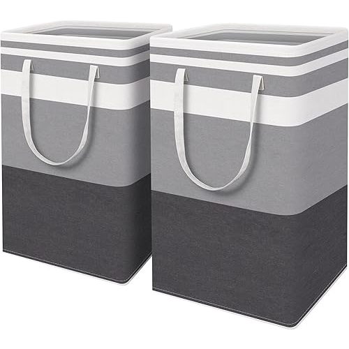 HomeHacks 2-Pack Large Laundry Basket, Waterproof, Freestanding Laundry Hamper, Collapsible Tall Clothes Hamper with Extended Handles for Clothes Toys in the Dorm and Family Gradient Grey, 88L