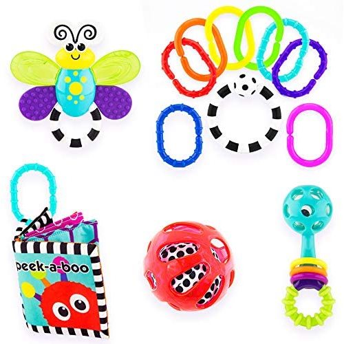 Sassy Baby’s First Developmental Gift Set - Includes Peek-a-Boo Soft Book, Water-Filled Teether, 9 Piece Ring O’ Links, Squish & Rattle Ball, and Peek-a-Boo Beads Rattle - Ages 0+ (80764)