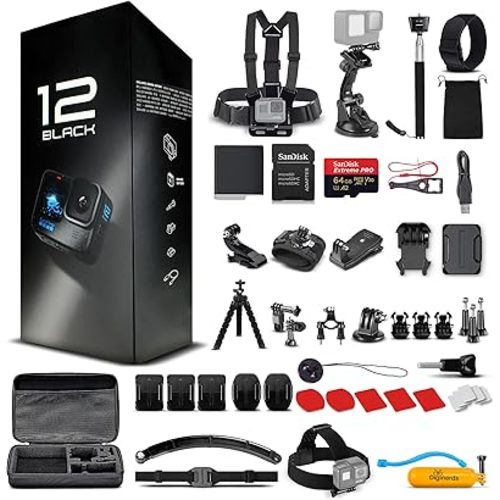 GoPro HERO12 (Hero 12) Black - Waterproof Action Camera with 5.3K HDR Video, 27MP Photos, 1/1.9" Image Sensor, Live Streaming, Webcam, Stabilization + 64GB Card & 50 Piece Accessory Kit - Bundle