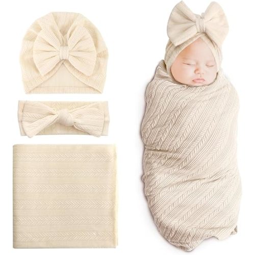 DRESHOW BQUBO Newborn Receiving Blanket Toddler Warm for Girls with Bow Hat and Bow Headband Shower Gift