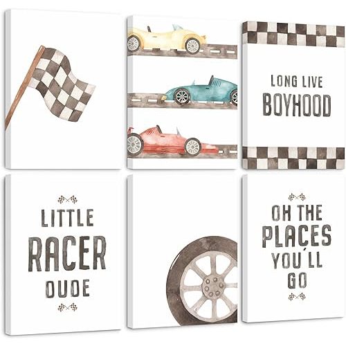 Race Car Wall Art Boys Room Canvas Wall Decor Vintage Nursery Wall Art Vehicle Prints Kids Toddler Poster Retro Car Pictures for Boys Bedroom Playroom 8x10x6 Inch Ready to Hang