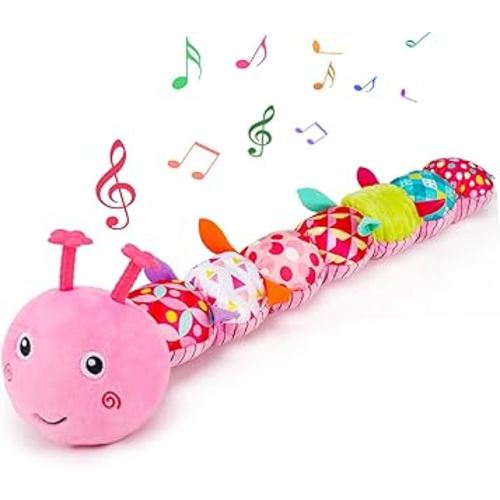 Baby Tummy Time Toy 0-6 Month Musical Stuffed Animal Plush Caterpillar Toy for Infant 6-12 Month Teething Sensory Toy with Crinkle Rattle for Babies 0-3-6 Month Newborn Toys Girl Shower
