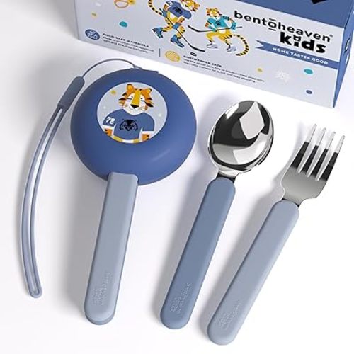 Bentoheaven Kids Travel Utensils with Case, Food-Grade Stainless Steel & BPA-Free Plastic, Travel Kid Cutlery Set, Dishwasher Safe Fork, Spoon & Case, Reusable Flatware, Silverware for Kids (Tiger)