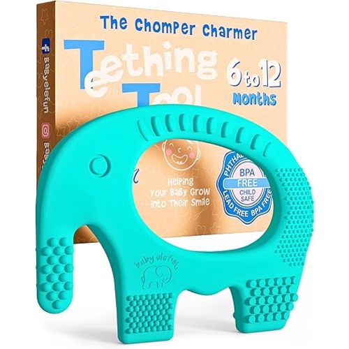 Teethers for Babies 6-12 Months - Baby Elefun 5x Pain Relief Toddler Teether. No More Ouch for Mom Anti Bite Trainer. Nurtures Grasping, Passing, Hand Eye Coordination. Silicone Baby Teething Toy Ring