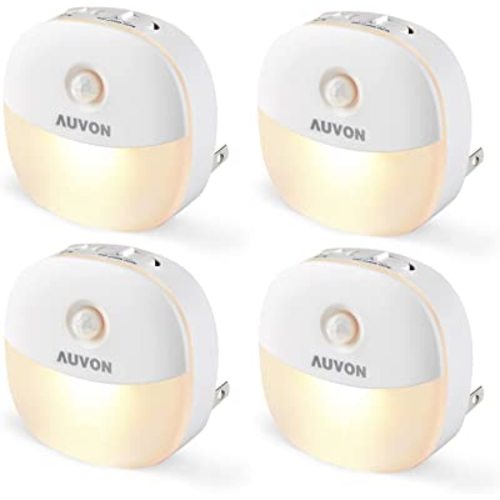 AUVON Plug in Night Light with Motion Sensor and Dusk to Dawn Sensor, Mini Warm White LED Nightlight with 1-50 lm Adjustable Brightness for Bathroom, Hallway, Stairs, Bedroom, Kitchen, 4 Packs