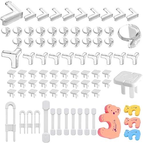 Baby Proofing Kit: Baby Locks (Strip-Shape 8Pack,U-Shape 4Pack), Baby Corner(Ball-type 20Pack,T-type 10Pack, L-type 10Pack),Socket cover 30Pack, Cartoon door stop 4Pack