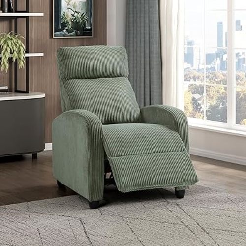 Lexicon Corduroy Pushback Recliner Chair Armchair Push Back Recliner, Solid Wood Frame and Metal Seat Base, Soft Single Sofa Accent Chair for Living Room/Office/Apartment, Easy Assembly, Green