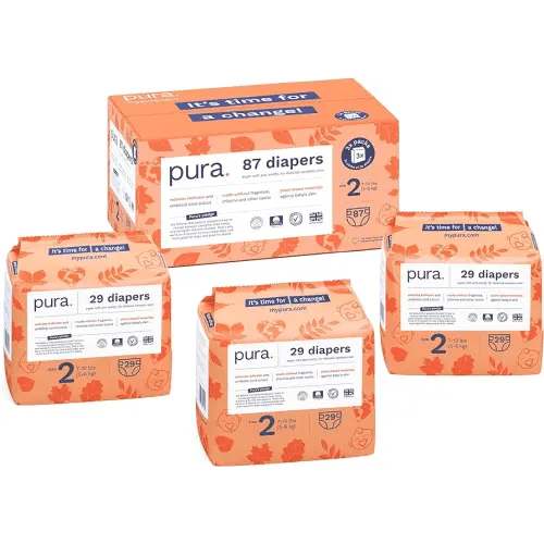 Pura Size 2 Eco-Friendly Diapers (7-13 lbs) Hypoallergenic, Soft Organic Cotton Comfort, Sustainable, Wetness Indictor. Allergy UK, Recyclable Paper Packaging. 3 Packs of 29 Diapers (87 Diapers)