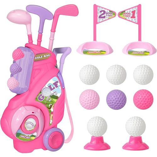 Toddler Golf Set for Girls Boys 1 2 3 4 Years Old, Upgraded Kids Golf Cart with 3 Clubs & 8 Balls, Outdoor Indoor Sports Toys Birthday Gift, Pink