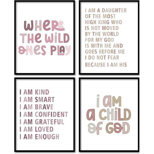 foedor Christian I am a Daughter of the King Boho Girl Nursery Wall Art Prints Set of 4, Bible Verses Affirmations Wall Decor Posters for Girls Room Classroom Playroom Nursery, 8x10 Inch Unframed
