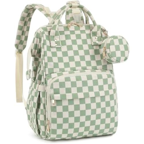 Corduroy Diaper Bag Backpack, Large Capacity Multifunction Baby Diaper Bags for Women, Insulated Bottle Pockets & Pacifier Case, Stylish Travel Nappy Changing Bags for Mom Dad (Checkered Green)