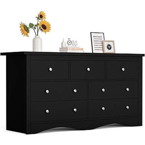 Furmax Dresser for Bedroom, 7 Wood Dresser, Chest of Drawers, for TV up to 65 inch, TV Stand Storage Chest of Drawers for Hallway Entryway (Black)