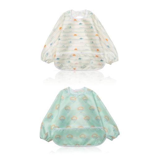Little Dimsum Mess-Proof Baby Bibs|Infant Toddler Long Sleeve Waterproof Feeding Art Smock|Catching Food & Wipe Clean| Pack of 2 Colors