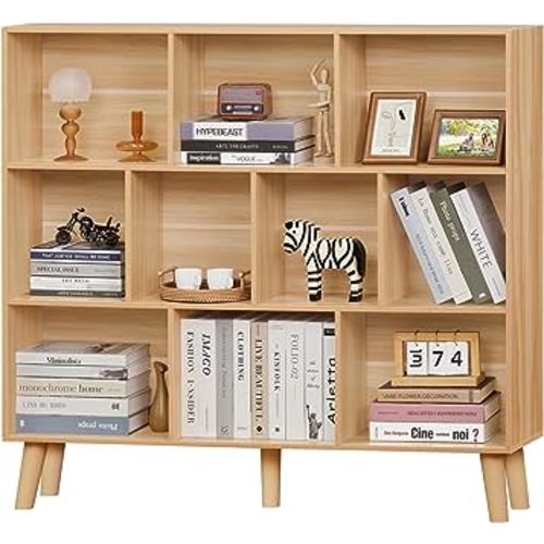 LEYAOYAO 10 Cube Bookshelf,3 Tier Modern Wide Bookcase with Legs,Mid-Century Wood Bookshelves Storage,Natural Large Book Case,Freestanding Organizer Display Shelf for Bedroom,Living Room,Office
