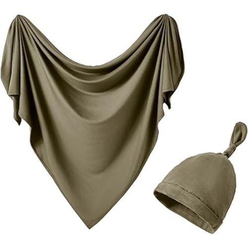 iEvolve Newborn Swaddle Blanket with Hat Set Beanie Newborn Photography Wraps Hospital Receiving Blankets for Girls Boys 35"*35"(Olive)