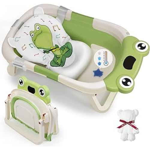 DEANIC Collapsible Baby Bathtub with Baby Washcloth, Portable Infant Bathtub with Soft Baby Bath Support Cushion for 0-3-6-12 Month Newborns, Foldable Baby Bath Tub for Indoor, Travel (Green)