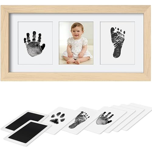 Baby Hand and Footprint Kit,Inkless Baby Handprint Kit with 2 Safe Clean-Touch Ink Pads and a Wooden Baby Picture Frames for Newborn,Baby Gifts-Ash Wood