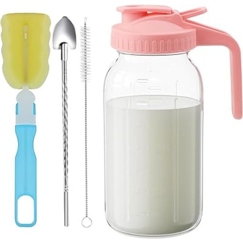 32oz Glass Pitcher with Lid &Pour Spout - 1 Quart Breastmilk Pitcher Double Leak Proof, Creamer Container for Sun Tea, Juice, Cold Brew Coffee, Breastmilk Storage Container -Pink Lid