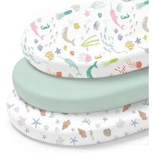 Little Grape Land Bassinet Sheets 3 Pack, 33" x 18" Fitted Bassinet Sheets Up to 4" Deep Pocket, Ultra Soft Baby Bassinet Fitted Sheets for Bassinet Mattress, Ocean Friends