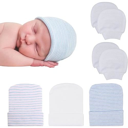 DRESHOW BQUBO Newborn Hospital Hat and Mittens Infant Baby Beanie Soft Cotton Cute Knot Nursery Cap for 0-6 Months Girls Boys