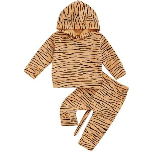 SAYOO Baby Toddler Boys Tiger Outfit Brown Hoodie Sweatshirt Top and Tiger Pattern Jogger Pant with Tail Fall 2pcs Clothes