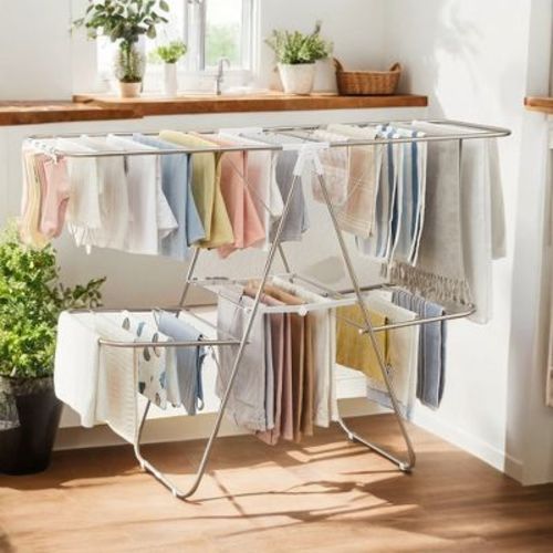 LEDREM 2-Level Foldable Clothes Drying Rack with Height-Adjustable Wings, Free-Standing Laundry Rack Clothes Dryer, 33 Drying Rails, and Sock Clips