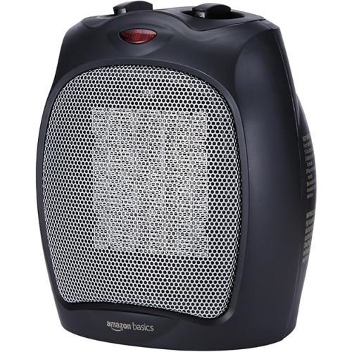 Amazon Basics 1500W Ceramic Indoor Personal Space Heater with Adjustable Thermostat, Black, 7.52"D x 6.34"W x 9.45"H