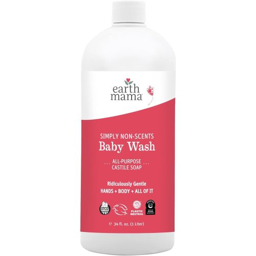 Earth Mama Simply Non-Scents Baby Wash Liquid Hand Soap Refill, Organic Body Wash for Sensitive Skin, All Purpose Castile Soap Liquid with Coconut Oil, Shea Butter, Calendula & Aloe, 34 fl oz