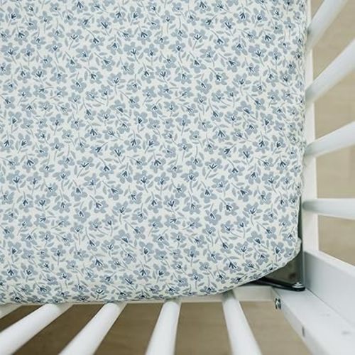 Blue Blossom Muslin Crib Sheet by Mebie Baby, Soft and Breathable Bed Sheets for Babies, Modern Neutral Bedding for Cribs, Standard Crib Mattress Fitted Sheet, Great for Boy or Girl Room