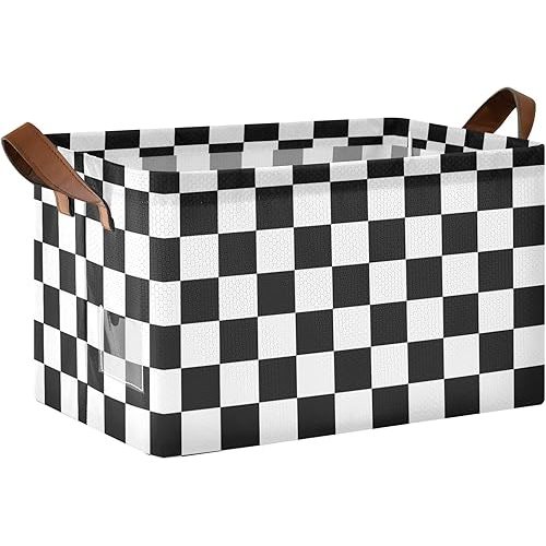 White Black Checkered Plaid Large Storage Basket Storage Bin Cube Waterproof Organizer for Toys Closet Shelves Bedroom Decorative Collapsible