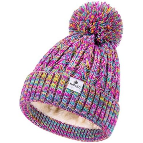 HAITHO Kids Toddler Winter Hat with Pom Pom, 2 Size Kids Beanie Hats for Girls Boys, Cute Warm Fleece Lined Knit Beanies Cap