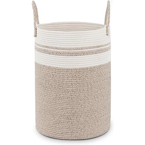 Fixwal 58L Laundry Basket, 15 x 20inches Large Laundry Hamper Tall Cotton Rope Woven Decorative Storage for Living Room, Toys, Towels, Clothes Baby Nursery Bin, Brown/Beige