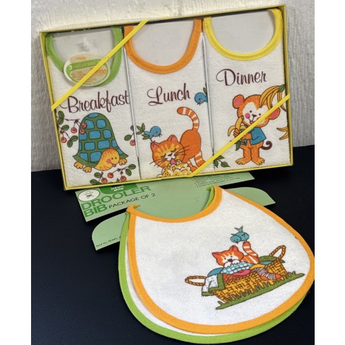VTG 70’s NEW OLD STOCK Lot Of 5 Baby Bibs Breakfast/Lunh/Dinner/Cat/Monkey/Duck