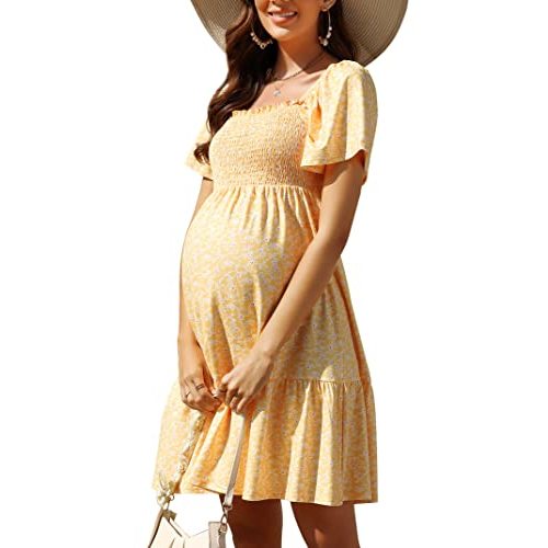 KOJOOIN Women's Maternity Square Neck Short Sleeve Summer Dress Smocked Boho Ruffle Casual Midi Dress Baby Shower Photoshoot