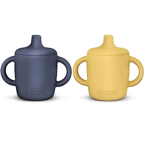 KIDSco. Silicone Sippy Cup and Training Cup for Baby 6 months+ Soft Spout and Handles Unbreakable Easy Grip for Babies 6-12 months and Toddlers 1-3 years 5oz/150ml (Canary and Midnight Blue)