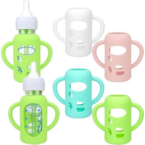 Mity rain 4 Pack Silicone Sleeves for Dr. Brown's Glass Bottles 8OZ - Anti Breakage Baby Bottle Holder, Compatible with Dr. Brown's Glass Bottles for Babies (4OZ with Handle)