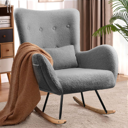 Kahmar Teddy Fabric Nursery Rocking Chair with Side Pocket, High Backrest Indoor Accent Chair
