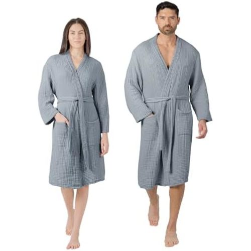 Comfy Cubs 100% Cotton Muslin Bathrobe - 4-Layer Absorbent Robe with Pockets & Belt for Bath, Spa, or Lounging