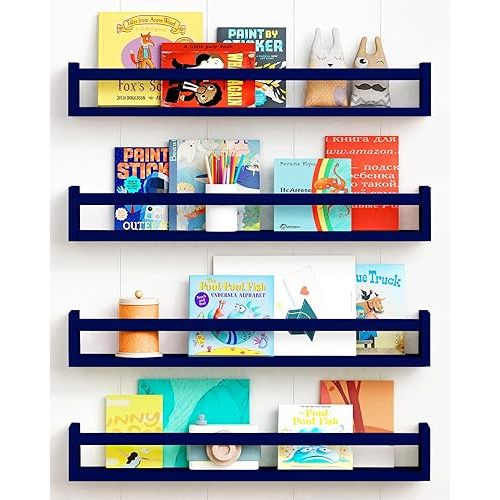 Forbena Wall Book Shelf Organizer for Kids Room Set of 4, Large Floating Book Shelves for Boy Nursery Wall Deocr, 24 Inches Wall Mount Bookshelf for Toddler Child Teen Boys Bedroom (Navy Blue)