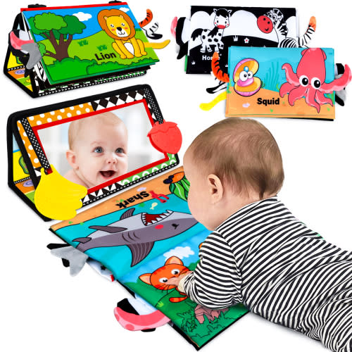 Dreampark Baby Tummy Time Mirror Toys for Infant Toddlers 0-9 Months, Tummy Time Floor Mirror Toy with Soft Crinkle Cloth Books and Teethers, Baby Sensory Toys Gifts for Baby Boys Girls